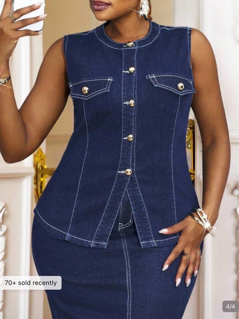 Sleeveless Dark Blue Denim Vest Top - Classic Chic - Picture 3 of 4